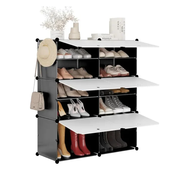 WOLTU Schuhregal mit 6 Fächern, Schuhaufbewahrung für 24 Paar Schuhe, Schuhschrank für Flur Wohnzimmer Schlafzimmer, Schuhorganizer mit Türen, aus modularen PP-Platten, Weiß Schwarz, SRX27wsz – Bild 3
