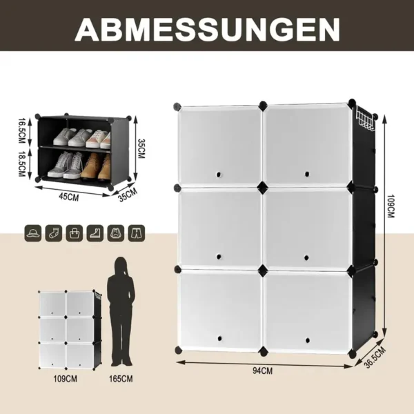 WOLTU Schuhregal mit 6 Fächern, Schuhaufbewahrung für 24 Paar Schuhe, Schuhschrank für Flur Wohnzimmer Schlafzimmer, Schuhorganizer mit Türen, aus modularen PP-Platten, Weiß Schwarz, SRX27wsz – Bild 4
