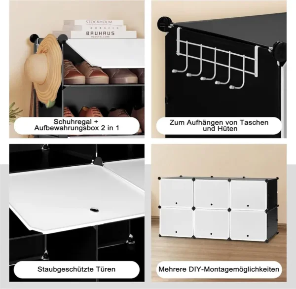 WOLTU Schuhregal mit 6 Fächern, Schuhaufbewahrung für 24 Paar Schuhe, Schuhschrank für Flur Wohnzimmer Schlafzimmer, Schuhorganizer mit Türen, aus modularen PP-Platten, Weiß Schwarz, SRX27wsz – Bild 5